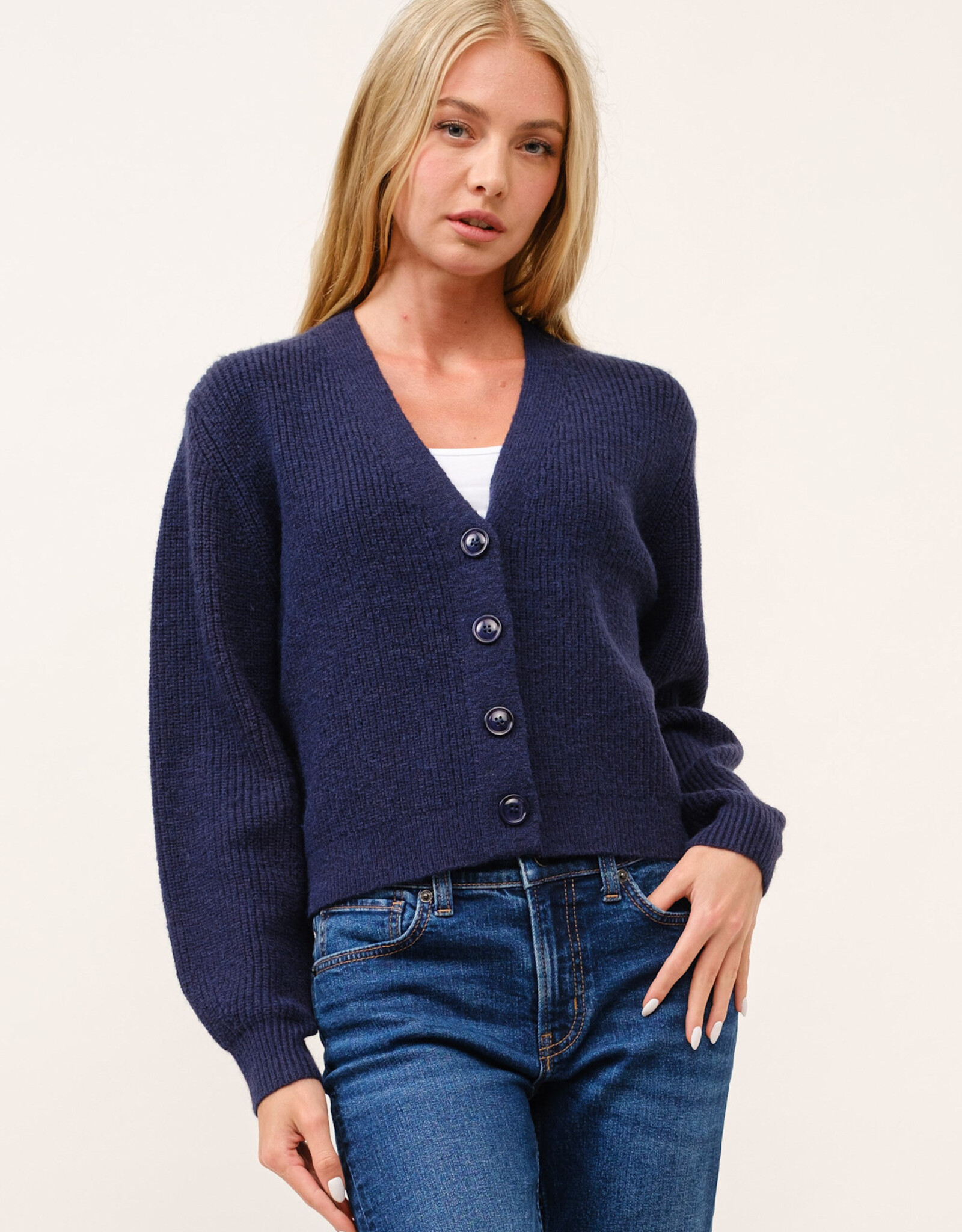 Miss Bliss Cielo Chunky V Neck Ribbed Cardigan-Navy
