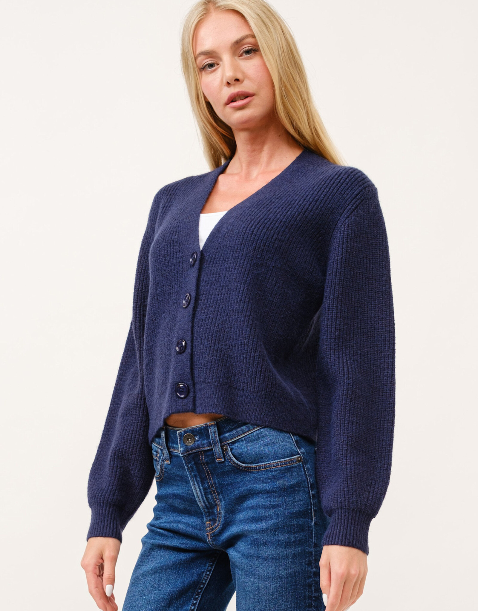 Miss Bliss Cielo Chunky V Neck Ribbed Cardigan-Navy