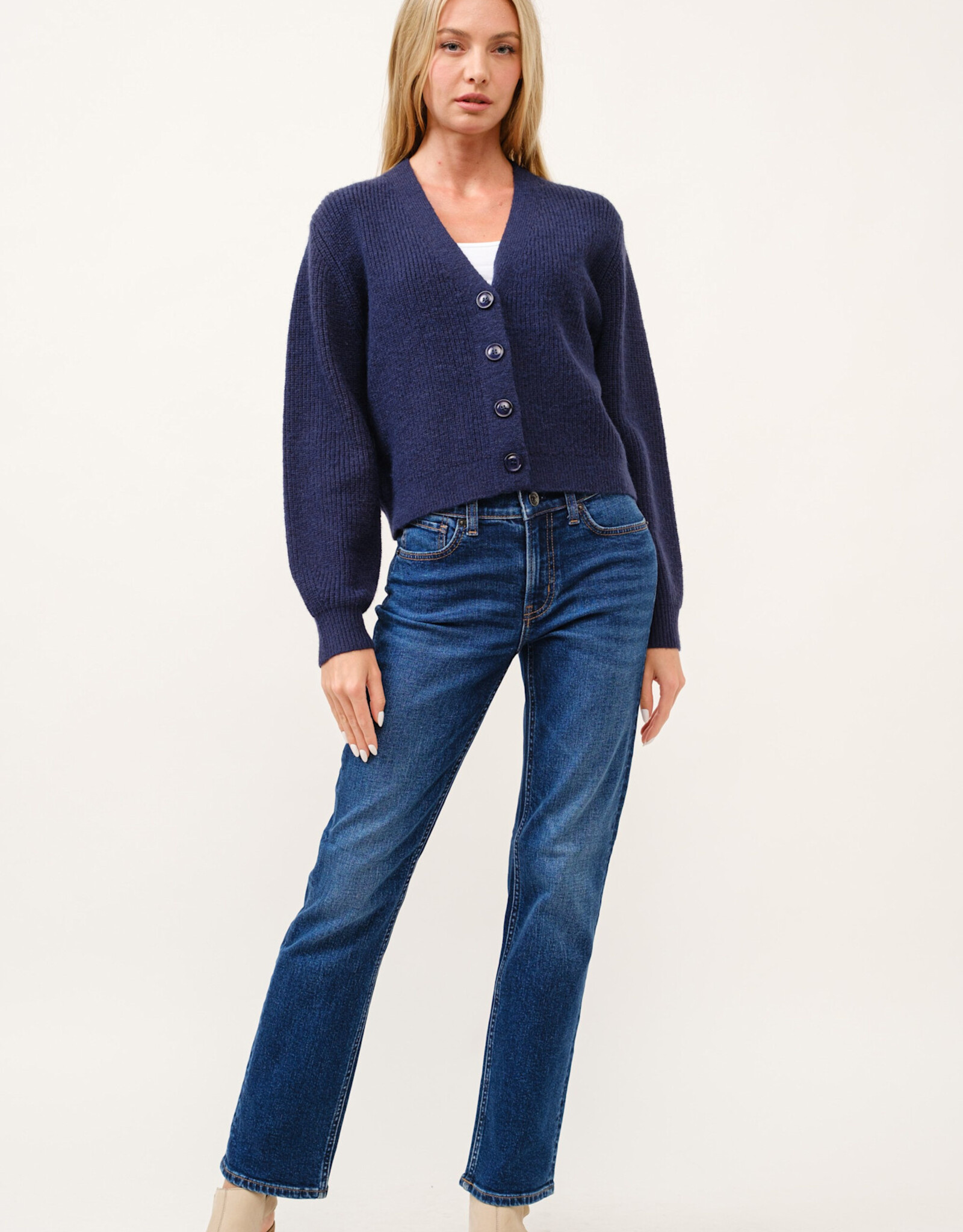 Miss Bliss Cielo Chunky V Neck Ribbed Cardigan-Navy