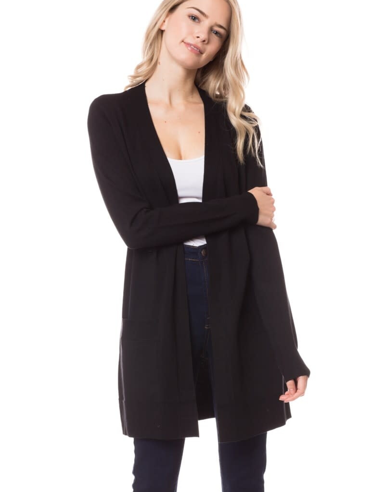 Miss Bliss Cielo Open Front Long Cardigan-Black