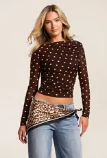 Miss Bliss Blu Sheer Mesh Polka Dot Ruched LS Top- Brown