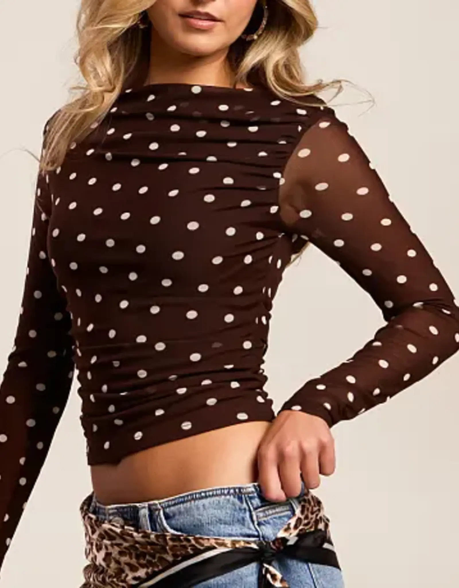 Miss Bliss Blu Sheer Mesh Polka Dot Ruched LS Top- Brown