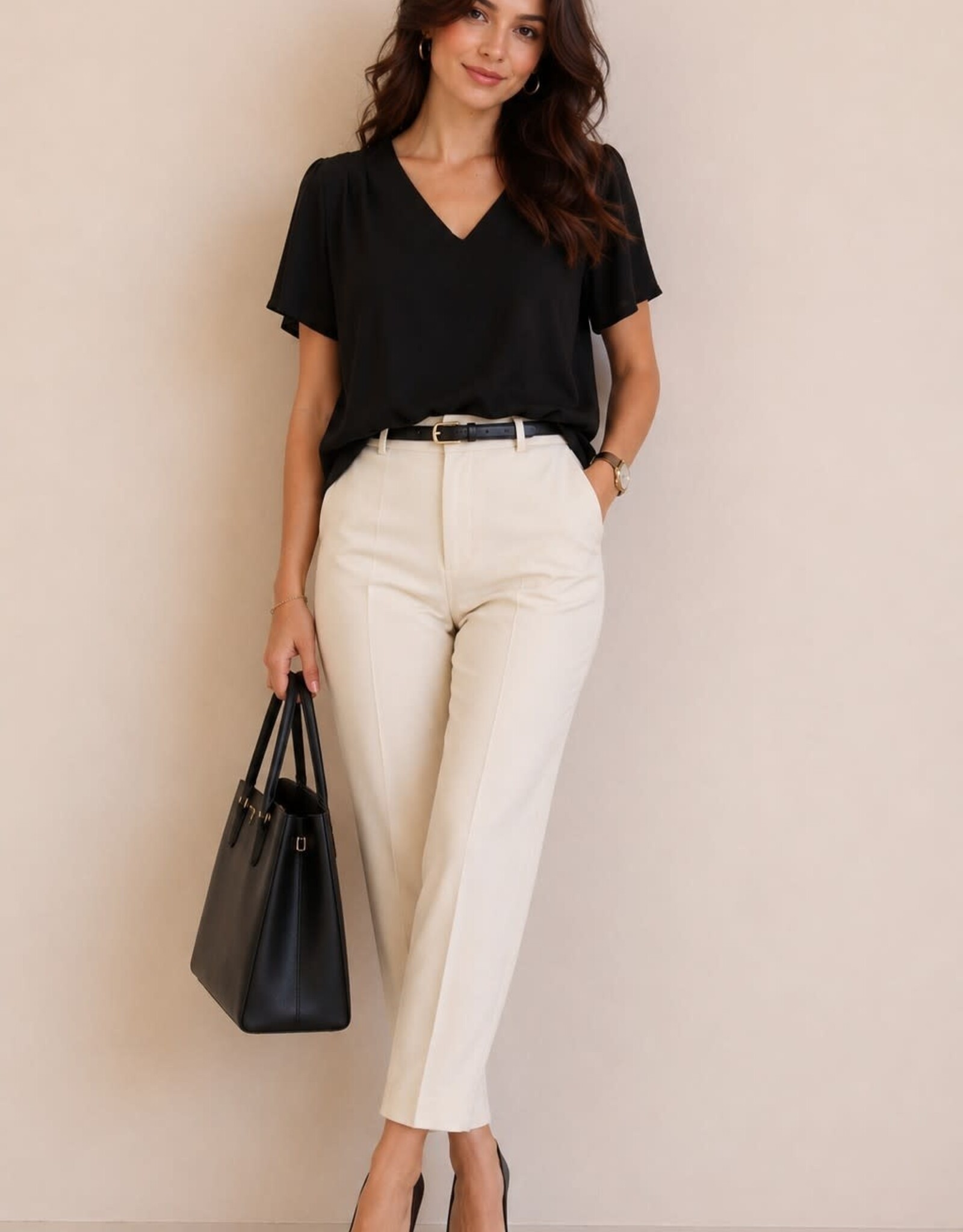 Miss Bliss Timing Pleated Shoulder V Neck Blouse-Black