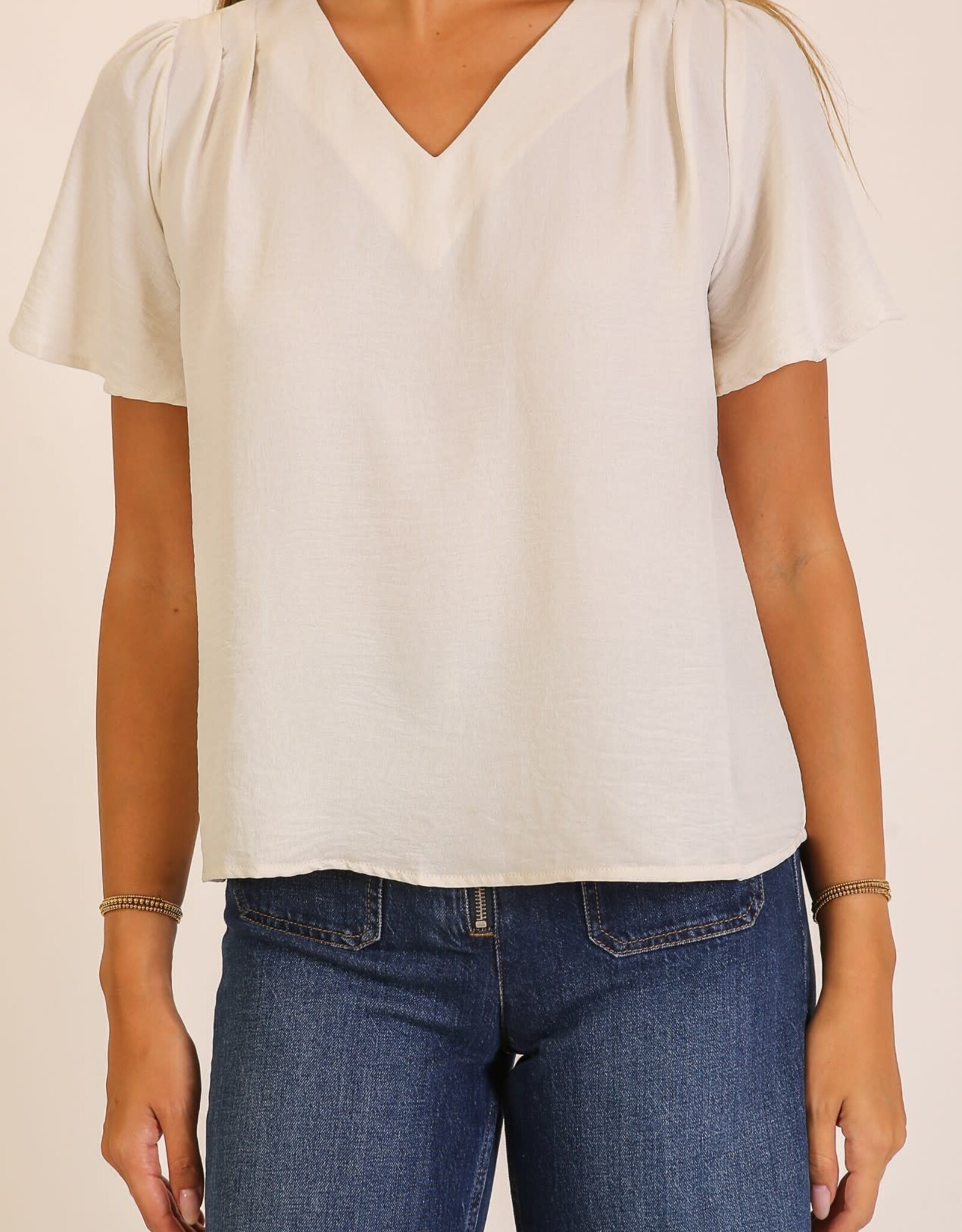 Miss Bliss Timing Pleated Shoulder V Neck Blouse-Cream