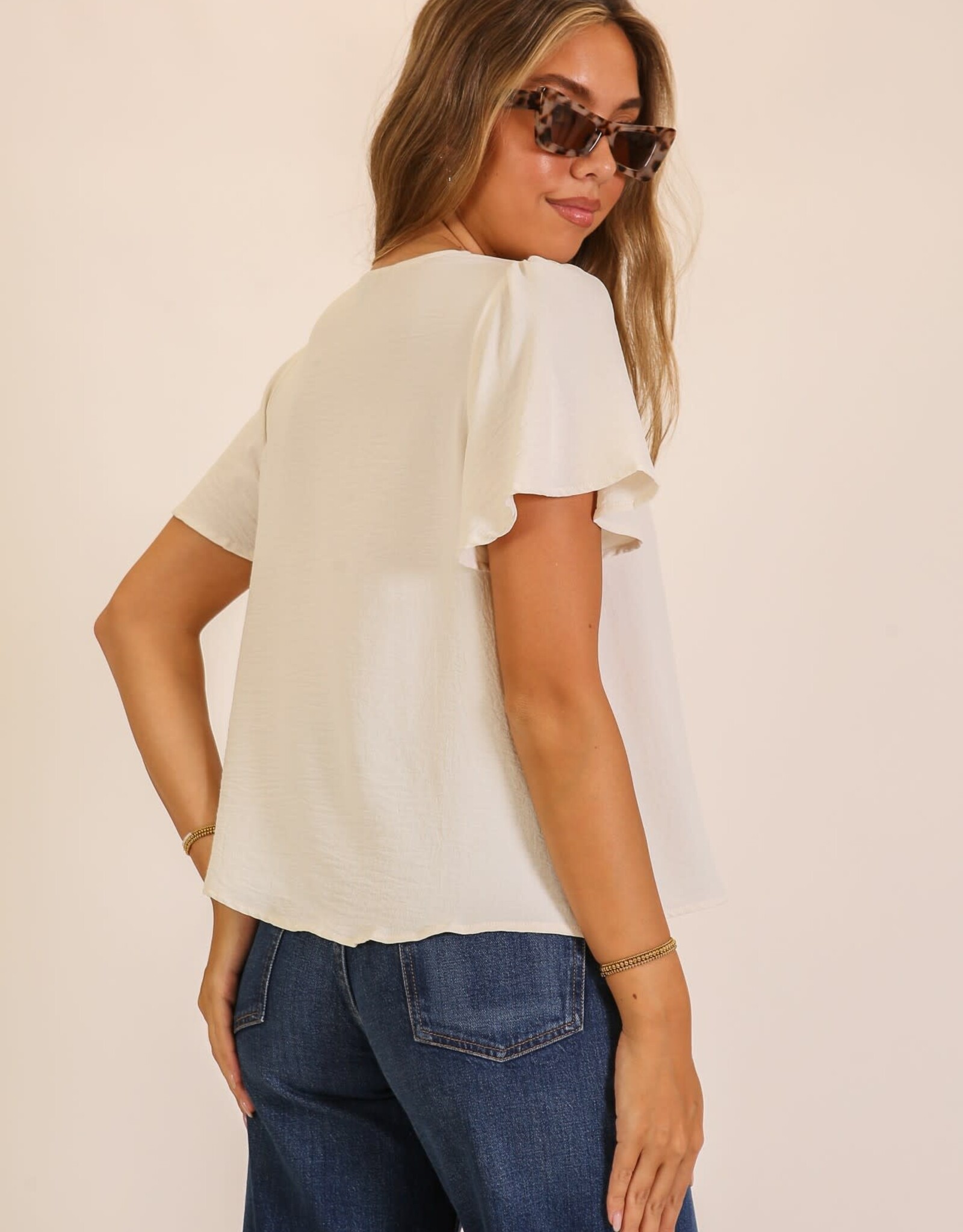 Miss Bliss Timing Pleated Shoulder V Neck Blouse-Cream