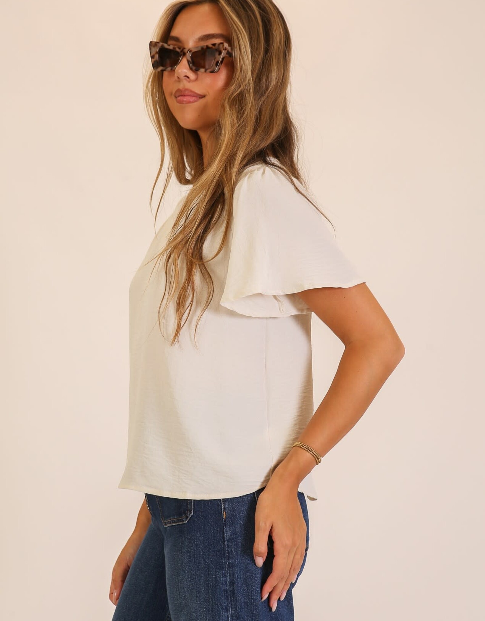 Miss Bliss Timing Pleated Shoulder V Neck Blouse-Cream