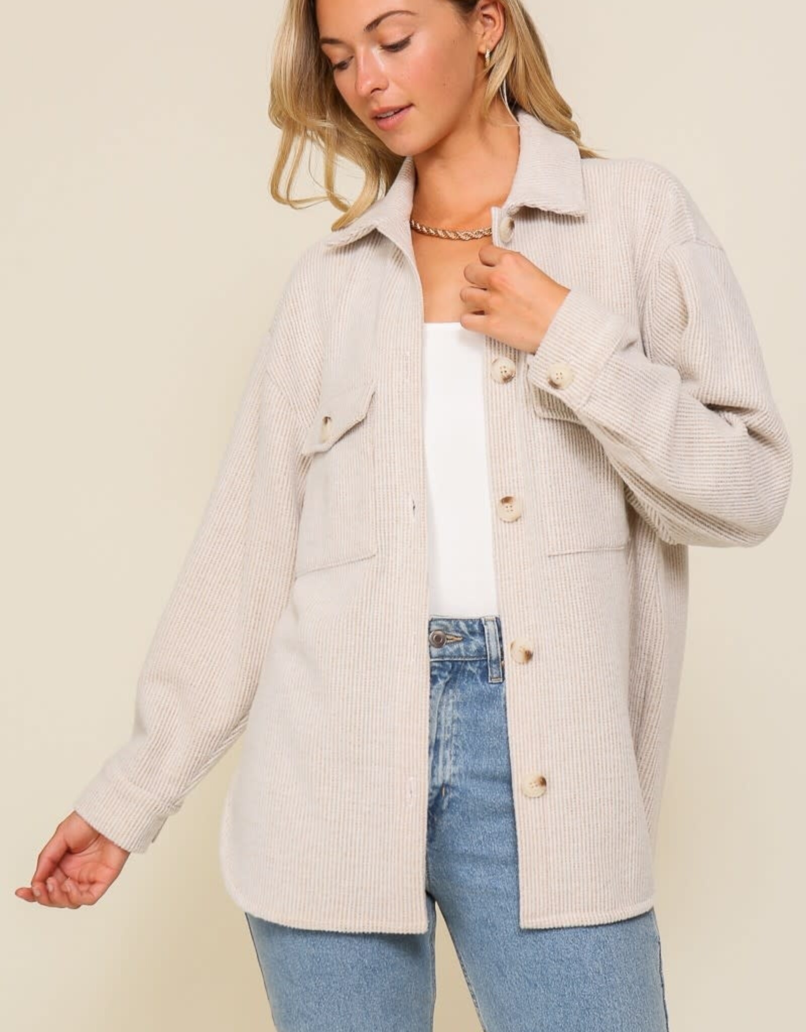 Miss Bliss Timing Brushed Thermal Waffle Knit Shacket-Oatmeal