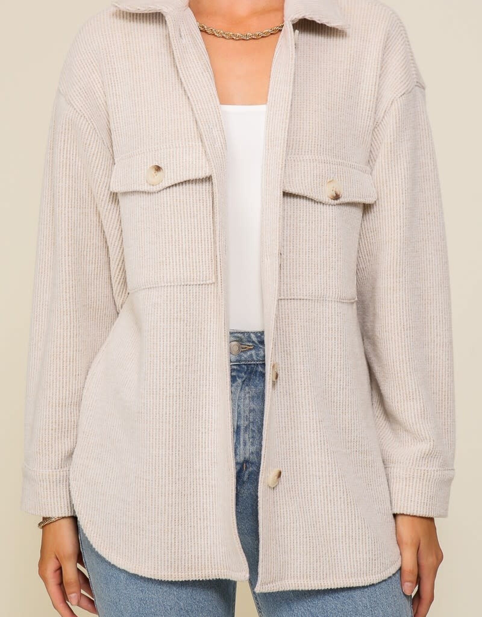 Miss Bliss Timing Brushed Thermal Waffle Knit Shacket-Oatmeal