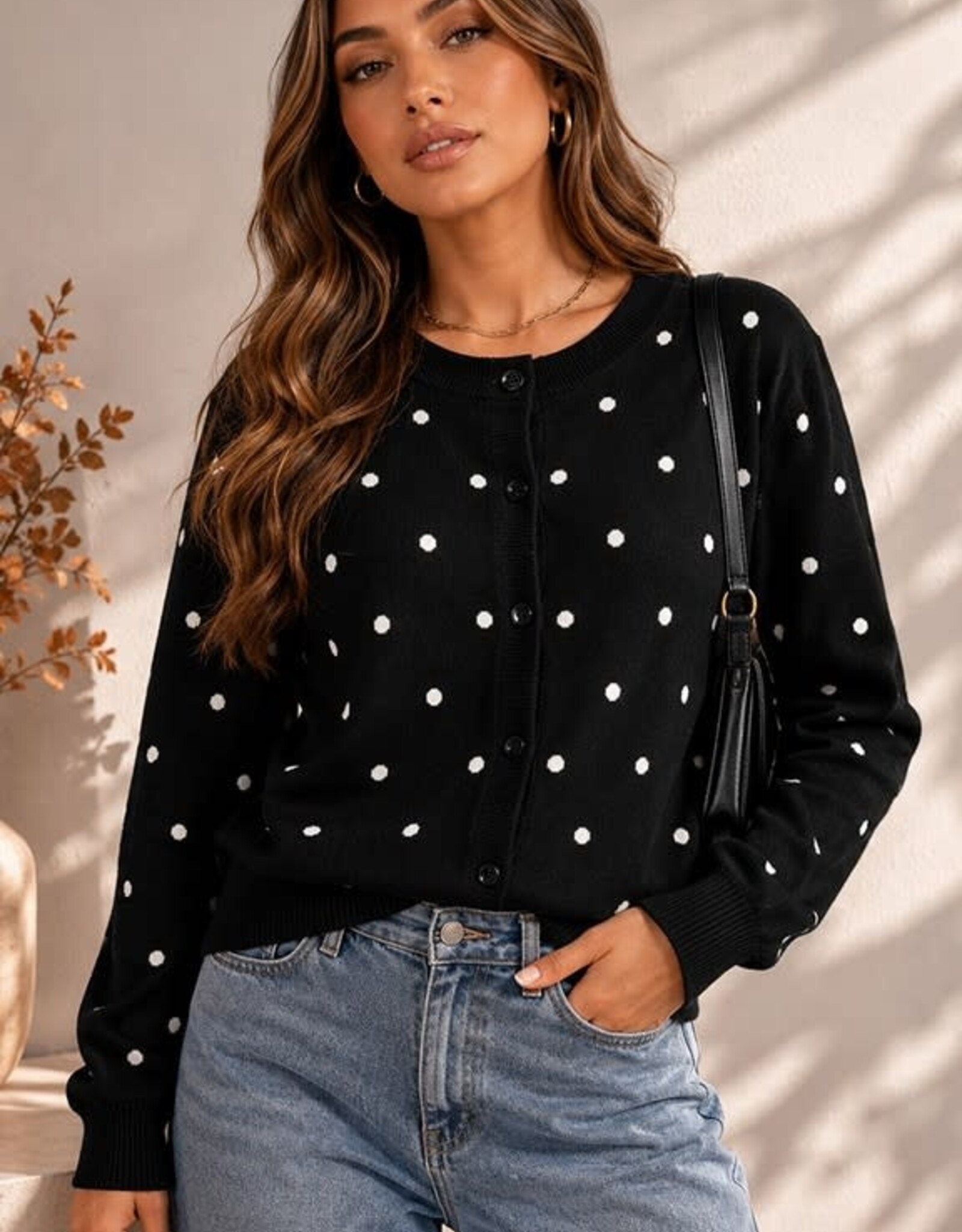 Miss Bliss Timing Polka Dot Knit Cardigan-Black/Ivory