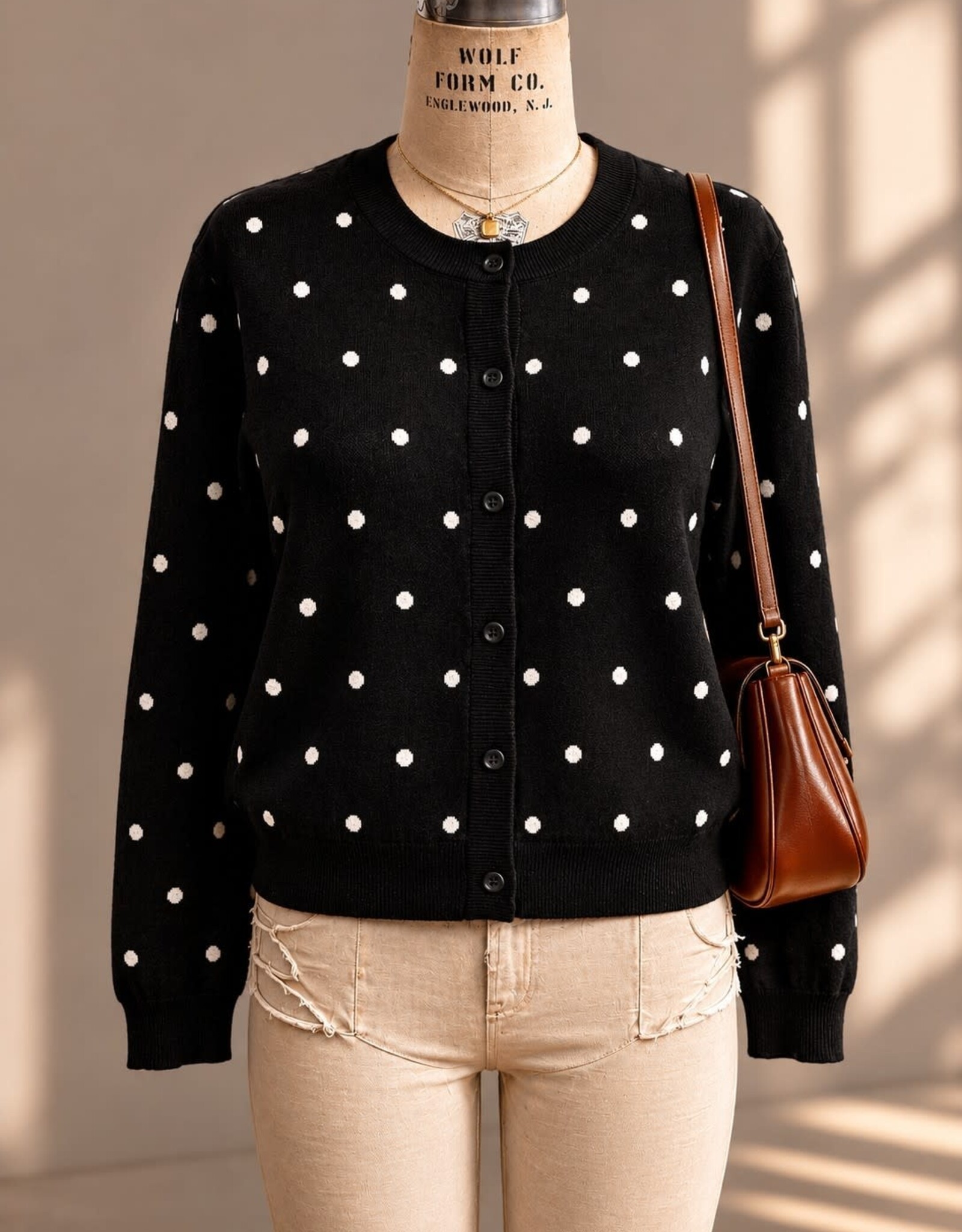 Miss Bliss Timing Polka Dot Knit Cardigan-Black/Ivory