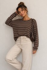 Miss Bliss Timing Striped LS Brushed Knit Pullover Top-Brown