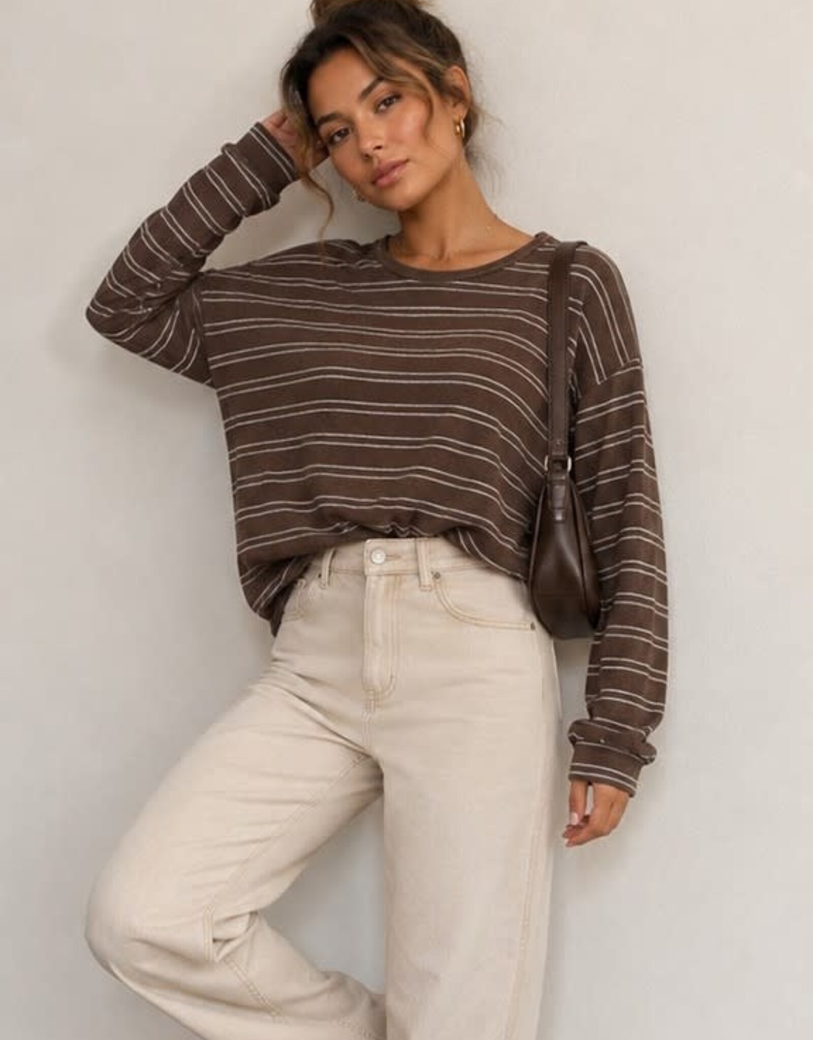 Miss Bliss Timing Striped LS Brushed Knit Pullover Top-Brown
