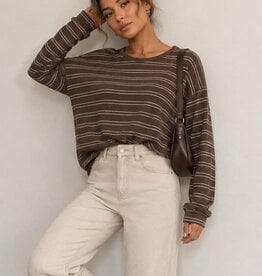 Miss Bliss Striped Brushed Knit Pullover Top-Brown