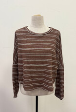 Miss Bliss Timing Striped LS Brushed Knit Pullover Top-Brown