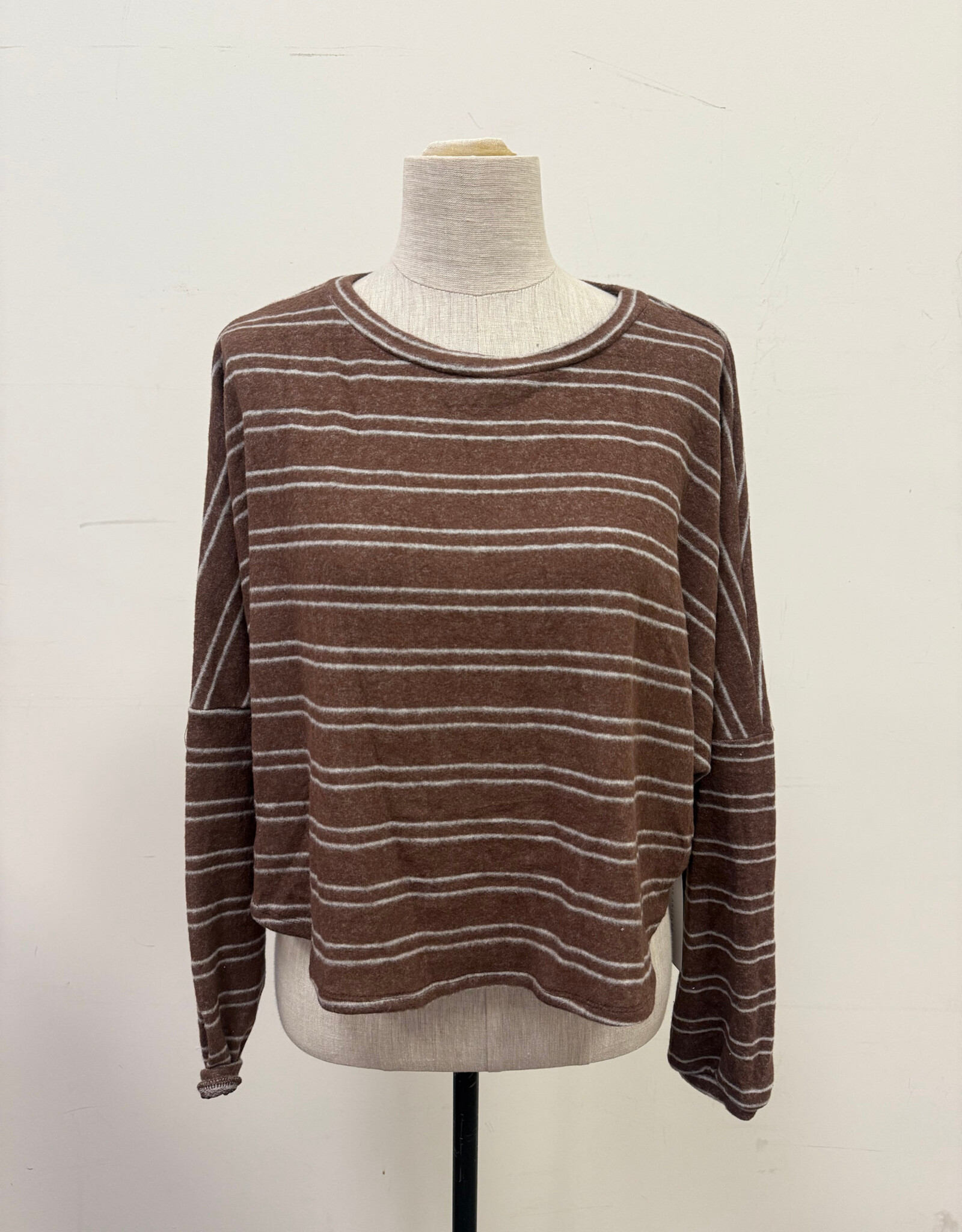 Miss Bliss Timing Striped LS Brushed Knit Pullover Top-Brown