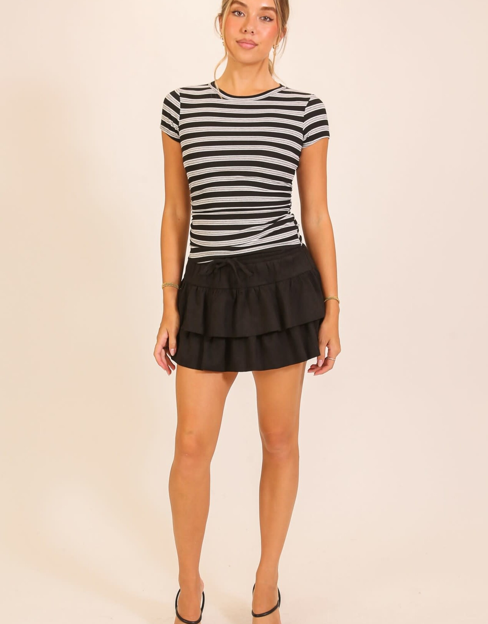 Miss Bliss Timing Striped Ribbed Side Ruched Tee-Black/Hgrey