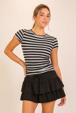 Miss Bliss Timing Striped Ribbed Side Ruched Tee-Black/Hgrey