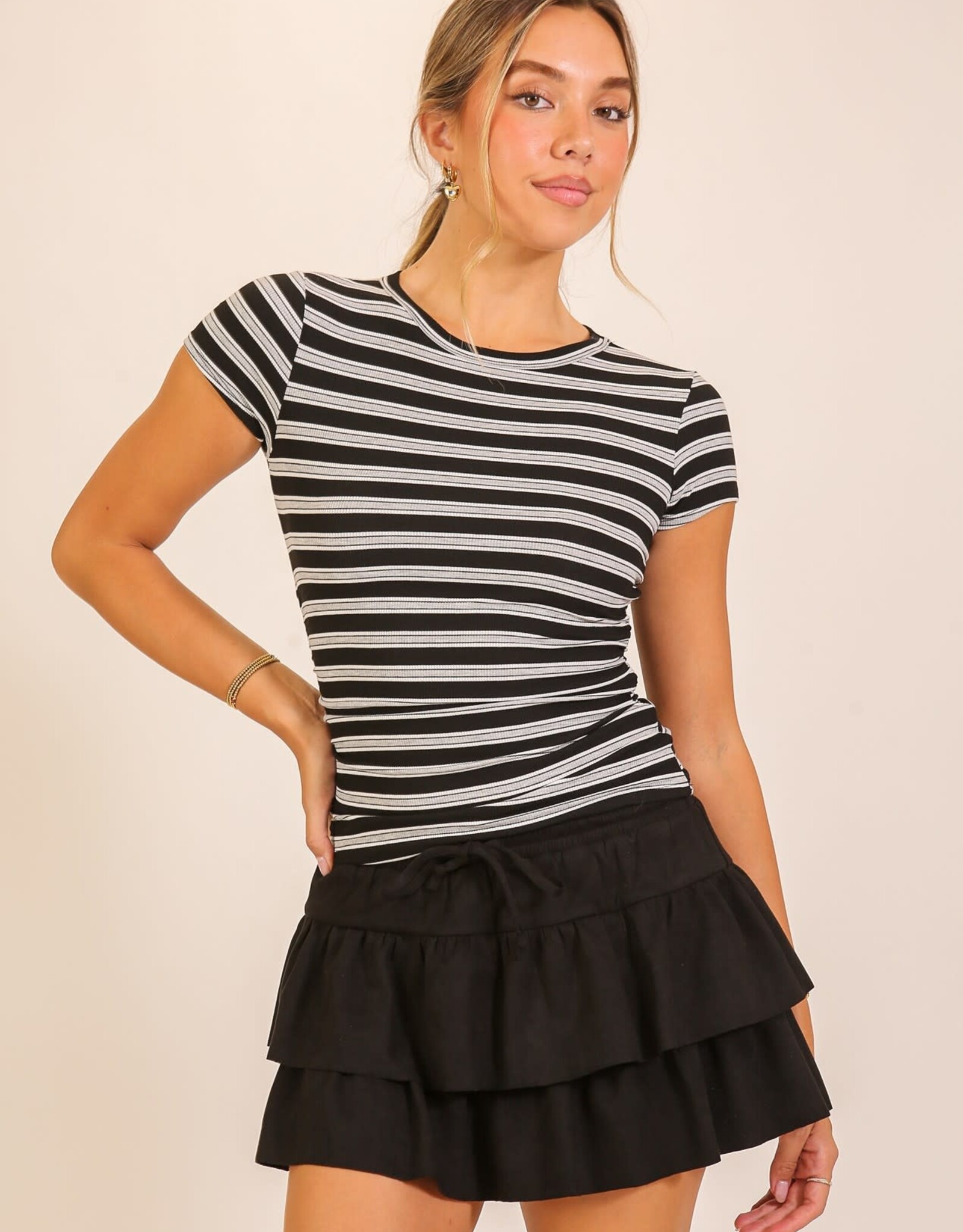 Miss Bliss Timing Striped Ribbed Side Ruched Tee-Black/Hgrey