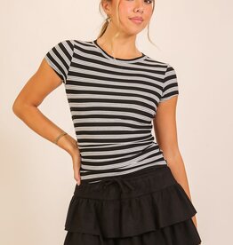 Miss Bliss Ruched Striped Tee-Black&Grey