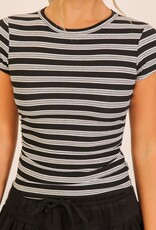 Miss Bliss Timing Striped Ribbed Side Ruched Tee-Black/Hgrey
