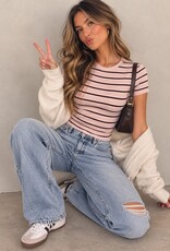 Miss Bliss Timing Striped Ribbed Side Ruched Tee-Pink/Multi