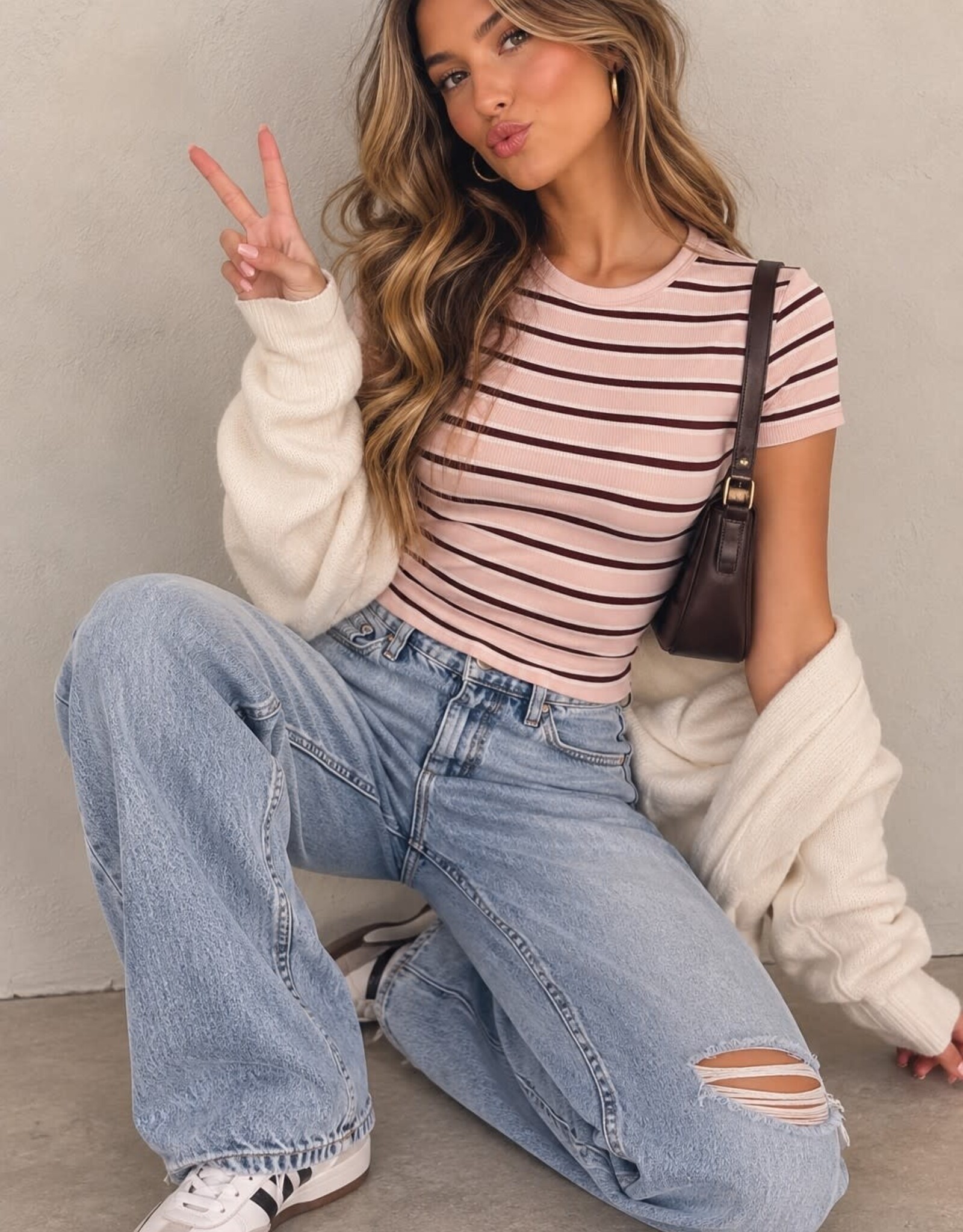 Miss Bliss Timing Striped Ribbed Side Ruched Tee-Pink/Multi