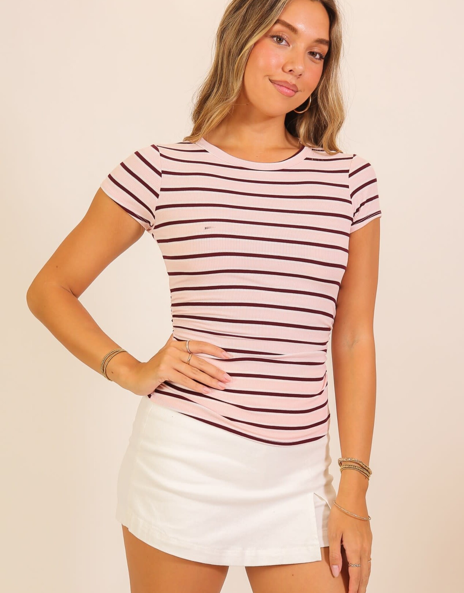 Miss Bliss Timing Striped Ribbed Side Ruched Tee-Pink/Multi