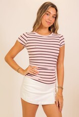 Miss Bliss Timing Striped Ribbed Side Ruched Tee-Pink/Multi