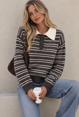 Miss Bliss Timing Bordeaux Stripe Collared Sweater-Brown