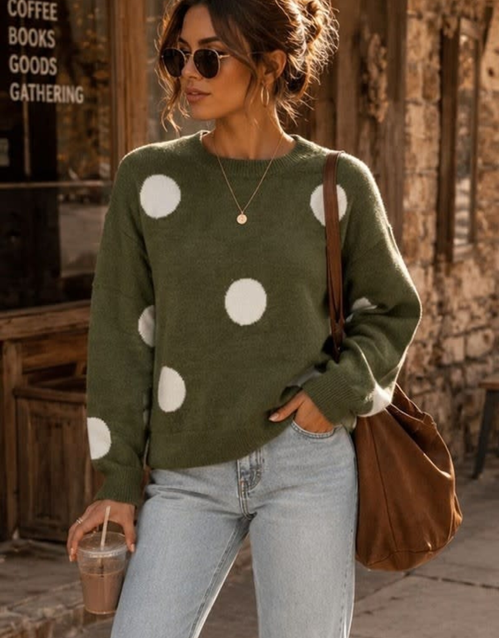 Miss Bliss Timing Polka Dot Knit LS Sweater-Olive