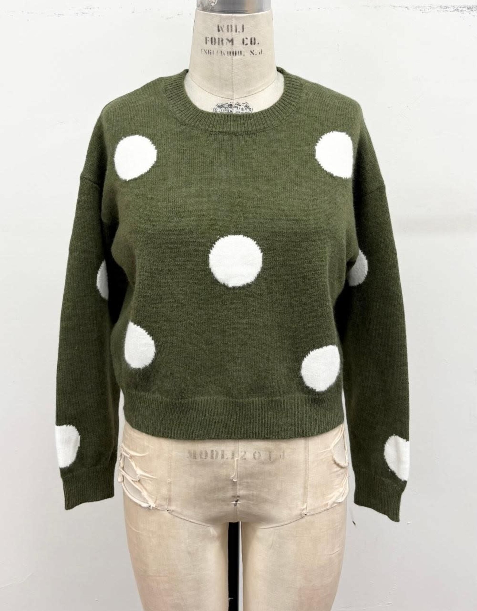 Miss Bliss Timing Polka Dot Knit LS Sweater-Olive