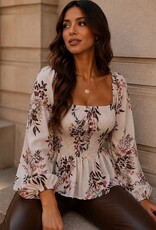 Miss Bliss Timing Floral Smocked Peplum Top-Cream