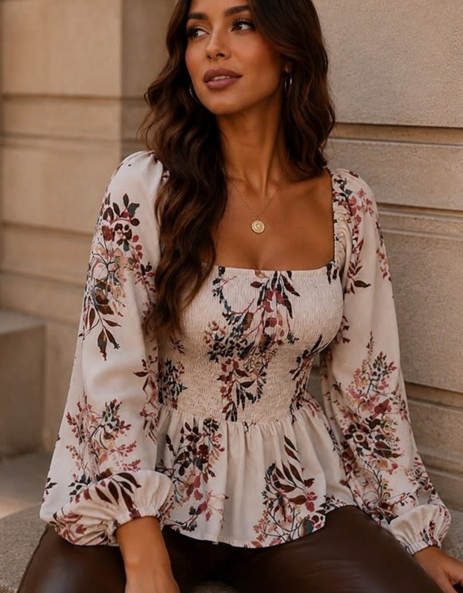 Miss Bliss Timing Floral Smocked Peplum Top-Cream