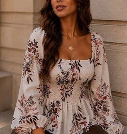 Miss Bliss Floral Smocked Peplum Top-Cream