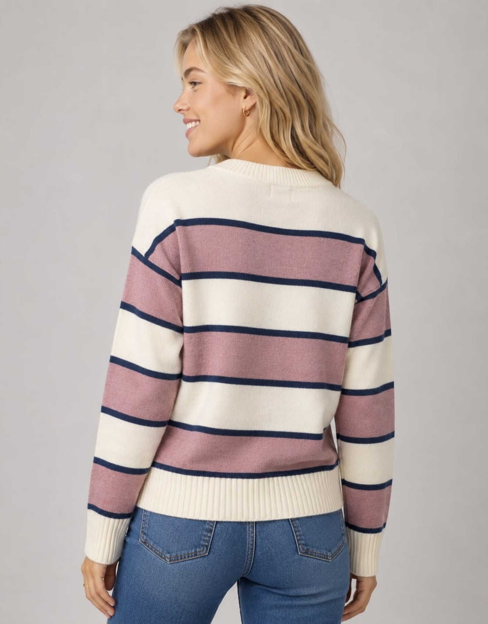 Miss Bliss Dream Striped Crewneck Sweater-Iv/Blush/Navy