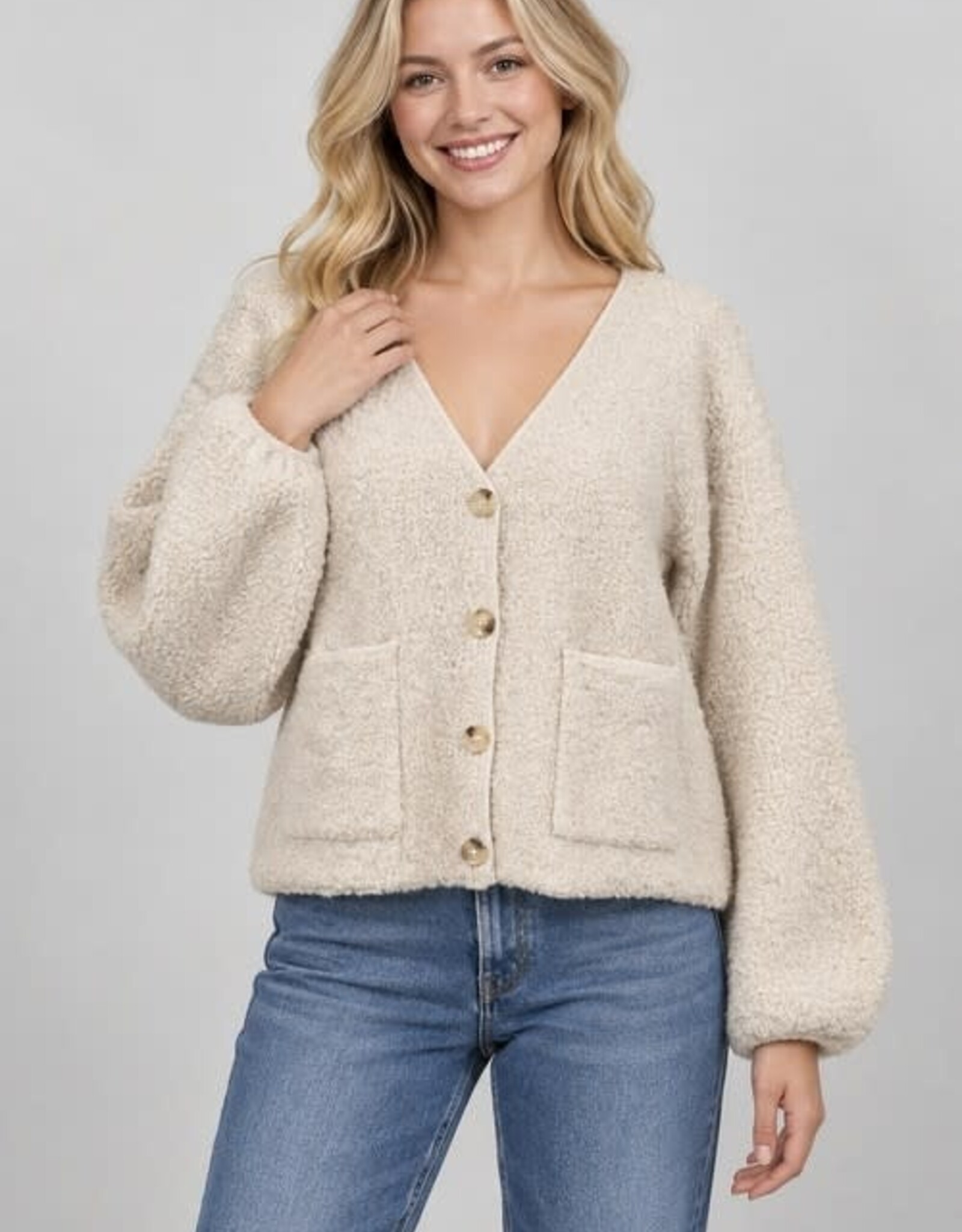 Miss Bliss Dream Bouclé Balloon Slv Cardigan-Oatmeal