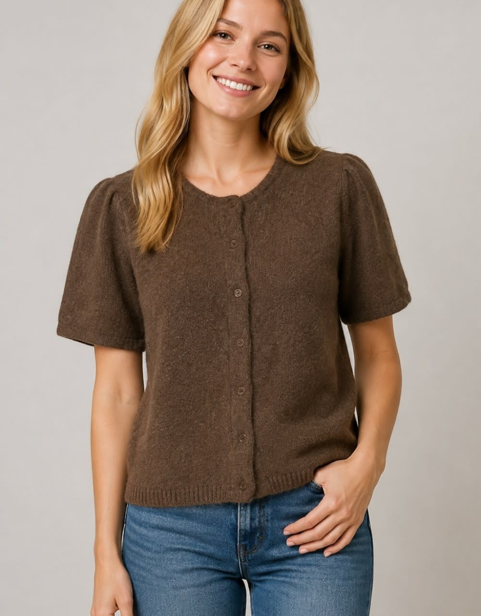 Miss Bliss Dream The Soft Puff-Slv Cardigan-Brown