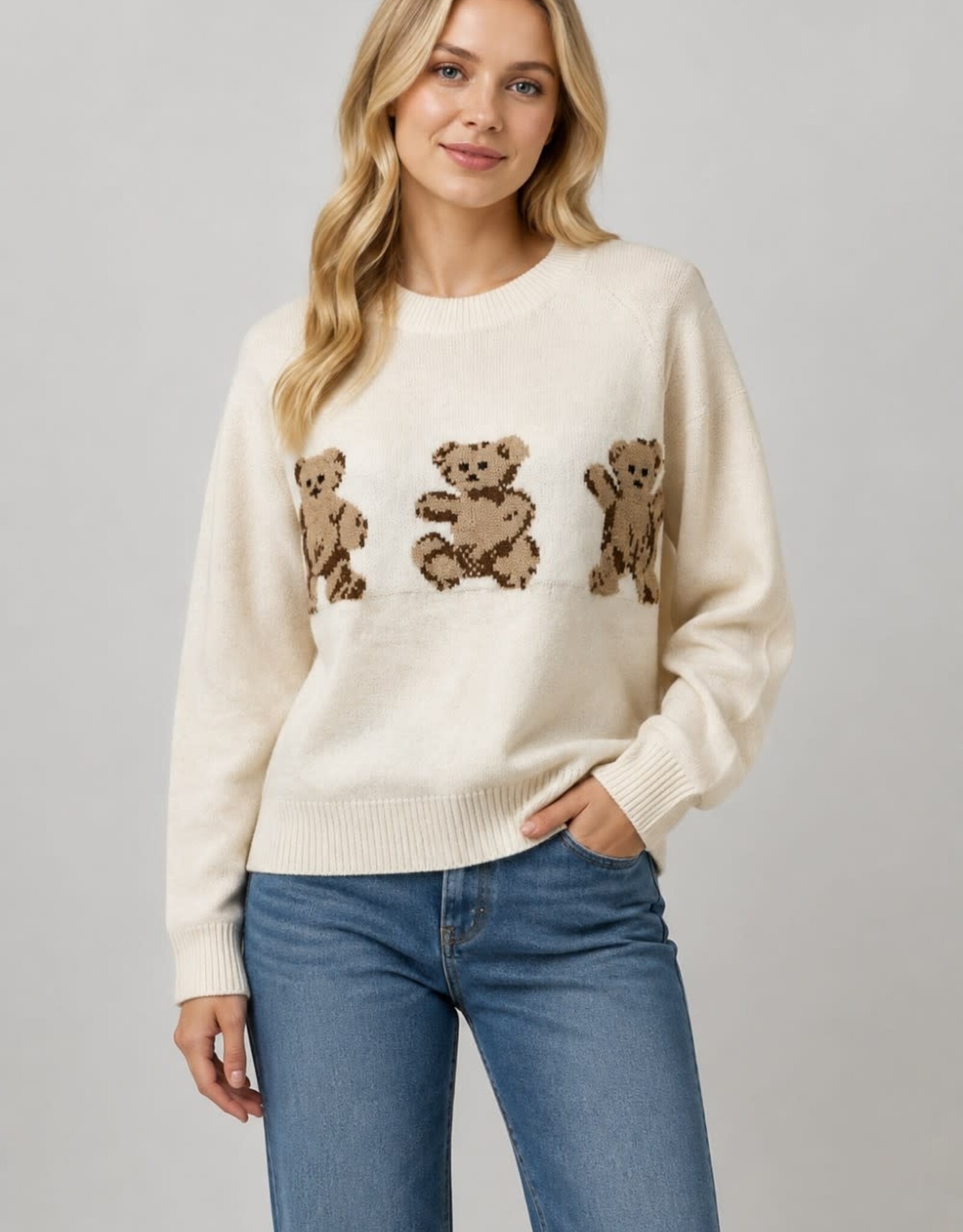 Miss Bliss Dream Teddy Trio Crew Sweater-Ivory
