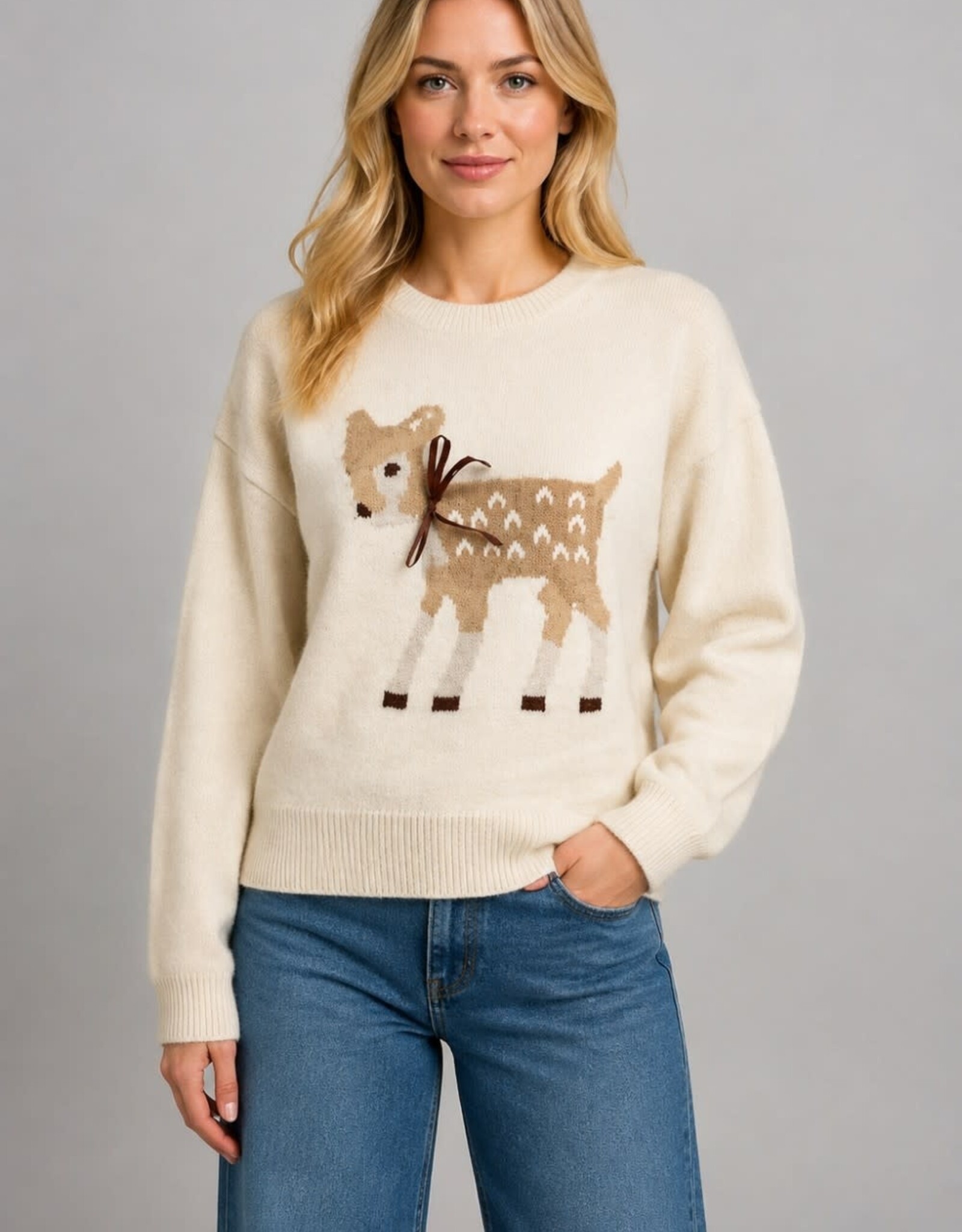 Miss Bliss Dream Ribbon-bow Fawn Motif Sweater-Ivory
