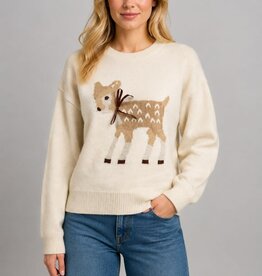 Miss Bliss PREORDER Dream Ribbon-bow Fawn Motif Sweater-Ivory