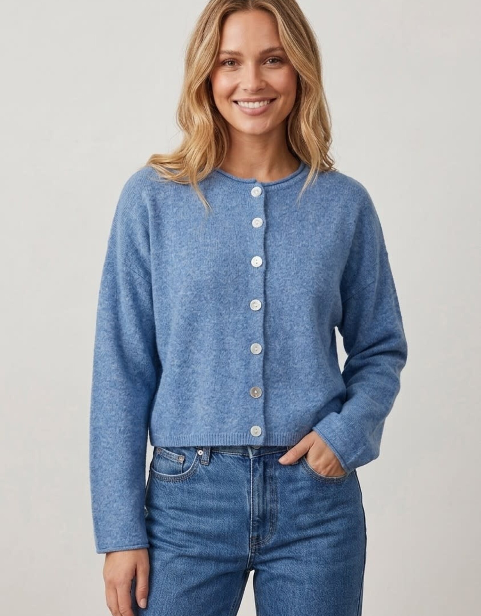 Miss Bliss Dream Chic Button Up Crew Neck-Blue
