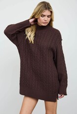 Miss Bliss Blu Cable Knit Mock Nck Mini Swtr Dress-Brown