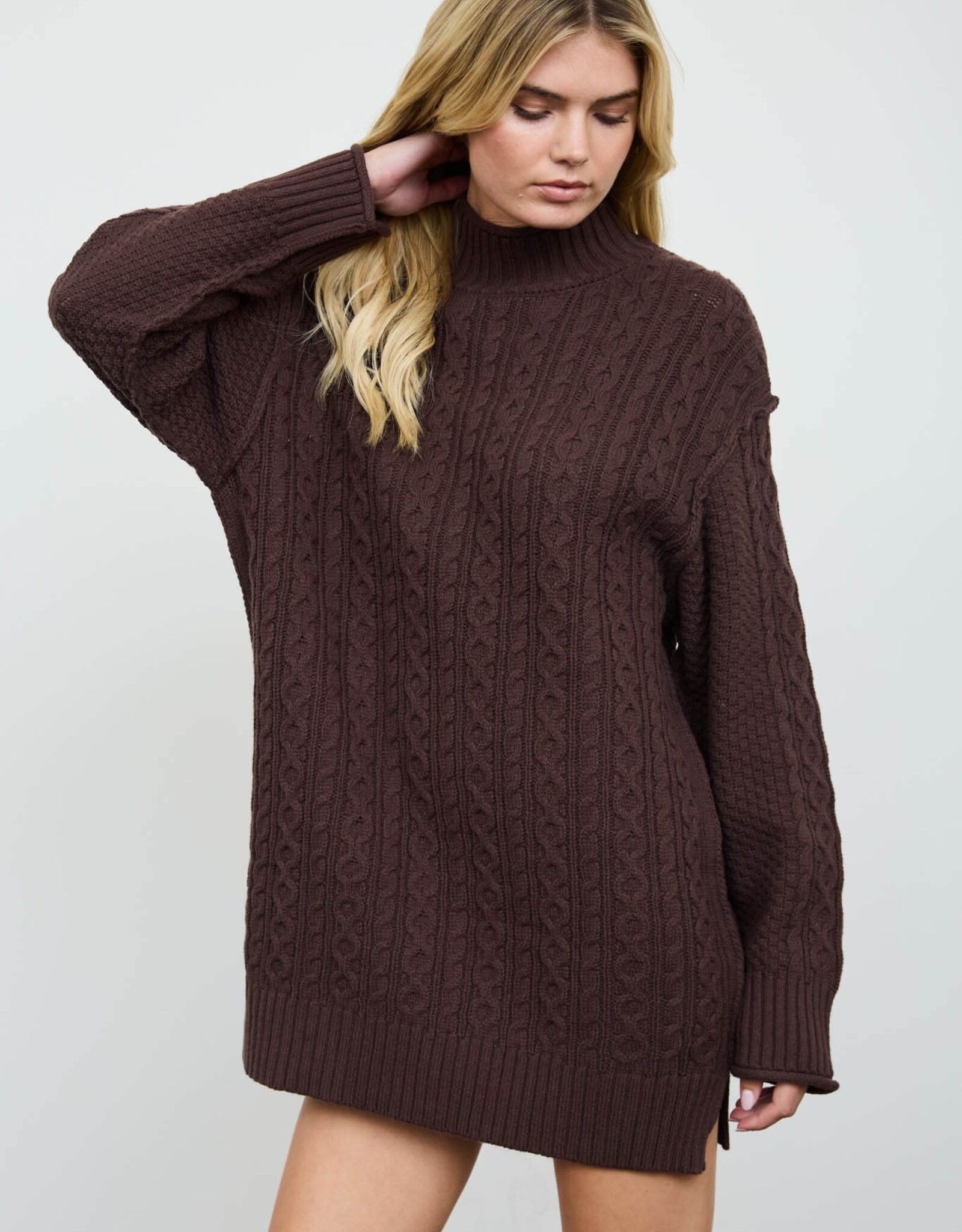 Miss Bliss Blu Cable Knit Mock Nck Mini Swtr Dress-Brown