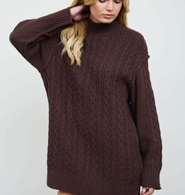 Miss Bliss Cable Knit Mock Neck Mini Dress-Brown