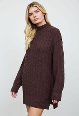 Miss Bliss Blu Cable Knit Mock Nck Mini Swtr Dress-Brown
