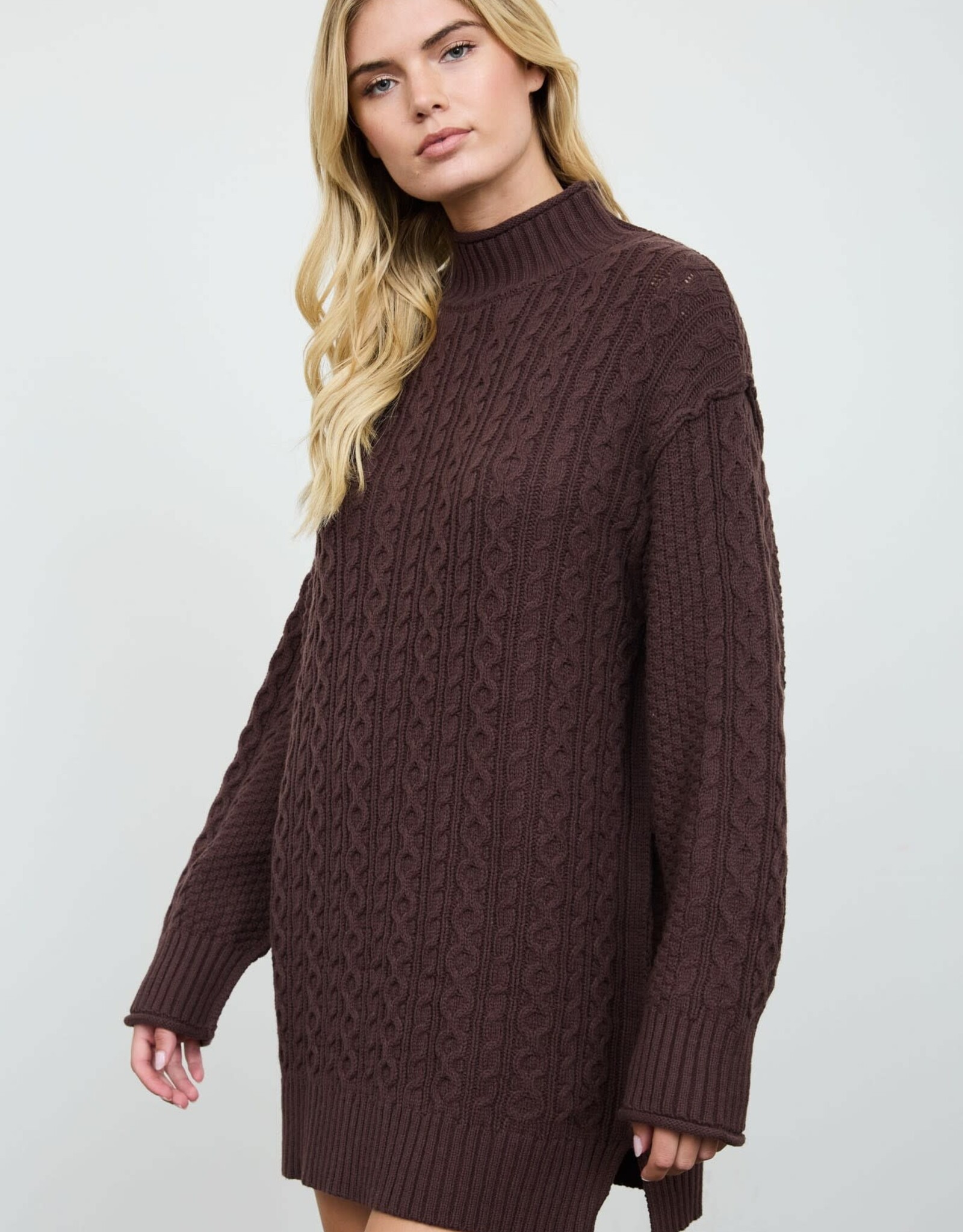 Miss Bliss Blu Cable Knit Mock Nck Mini Swtr Dress-Brown