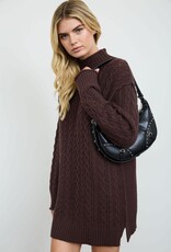 Miss Bliss Blu Cable Knit Mock Nck Mini Swtr Dress-Brown