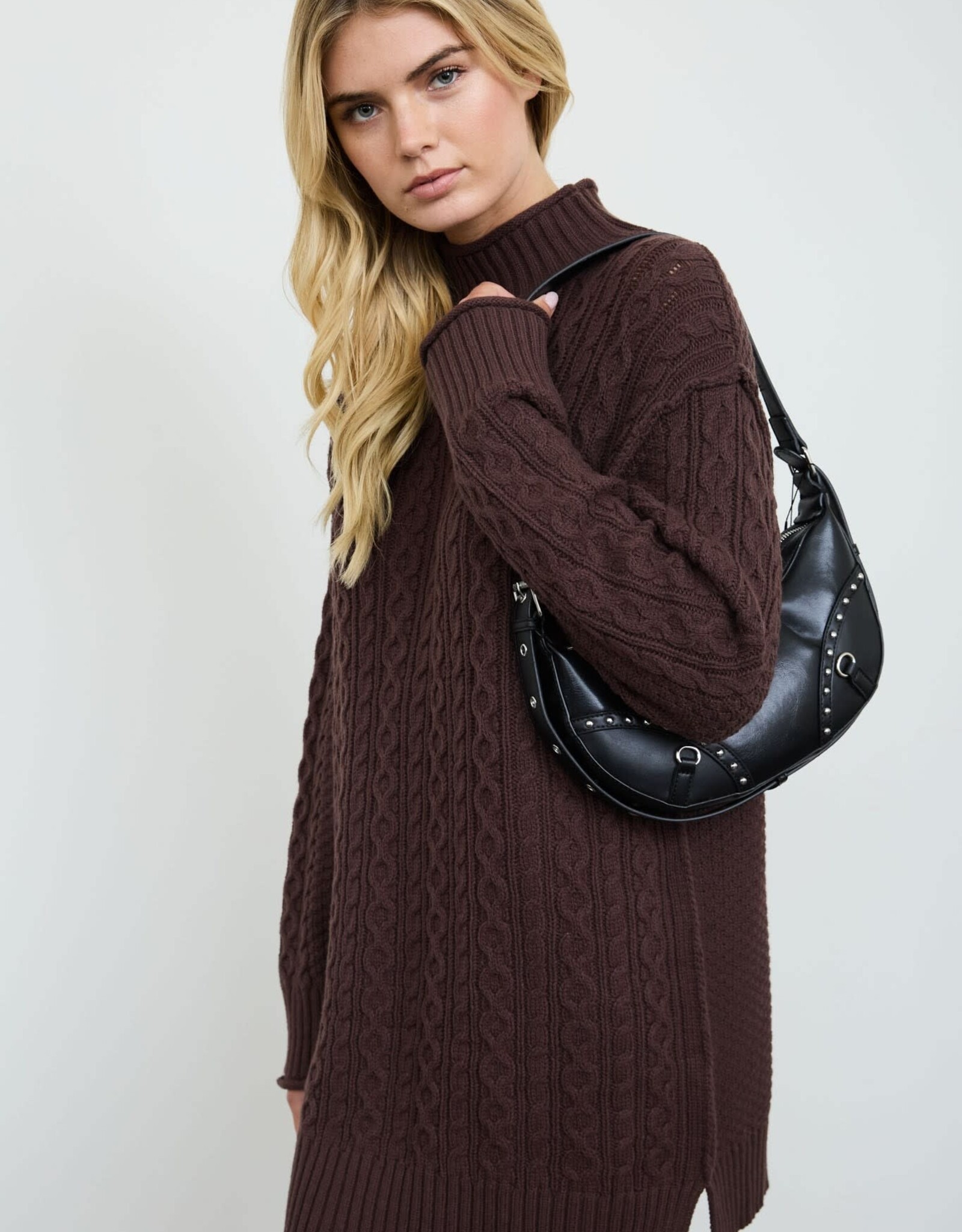 Miss Bliss Blu Cable Knit Mock Nck Mini Swtr Dress-Brown