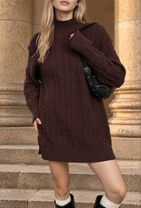 Miss Bliss Blu Cable Knit Mock Nck Mini Swtr Dress-Brown