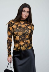 Miss Bliss Blu Floral Mesh Mock Nck Long Slv Top-Black/Combo